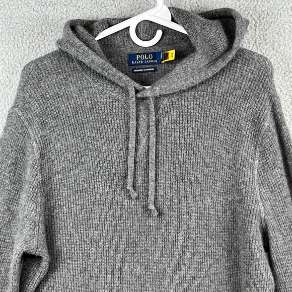 Polo Ralph Lauren Mens L Washable 100% Cashmere Hoodie Grey Waffle Knit Sweater - Picture 2 of 13